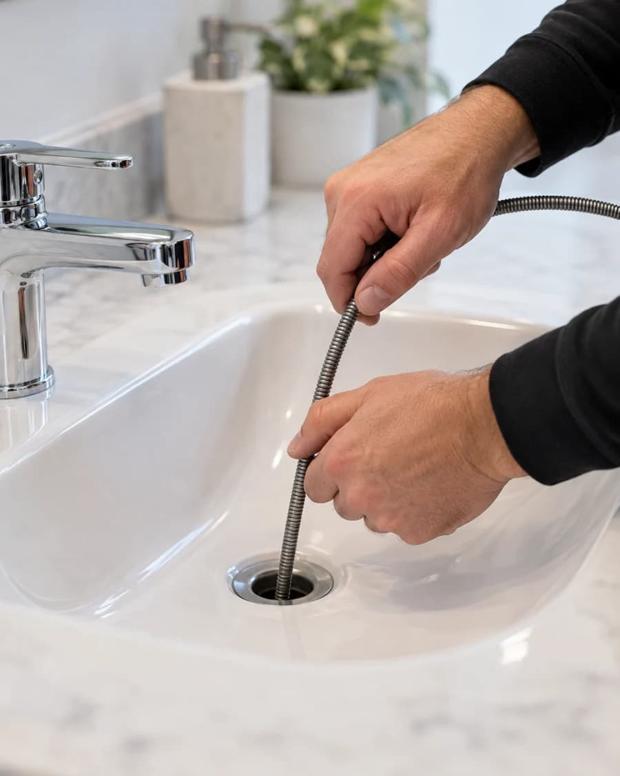 A plumber's hands feeding a drain snake into a bathroom sink drain