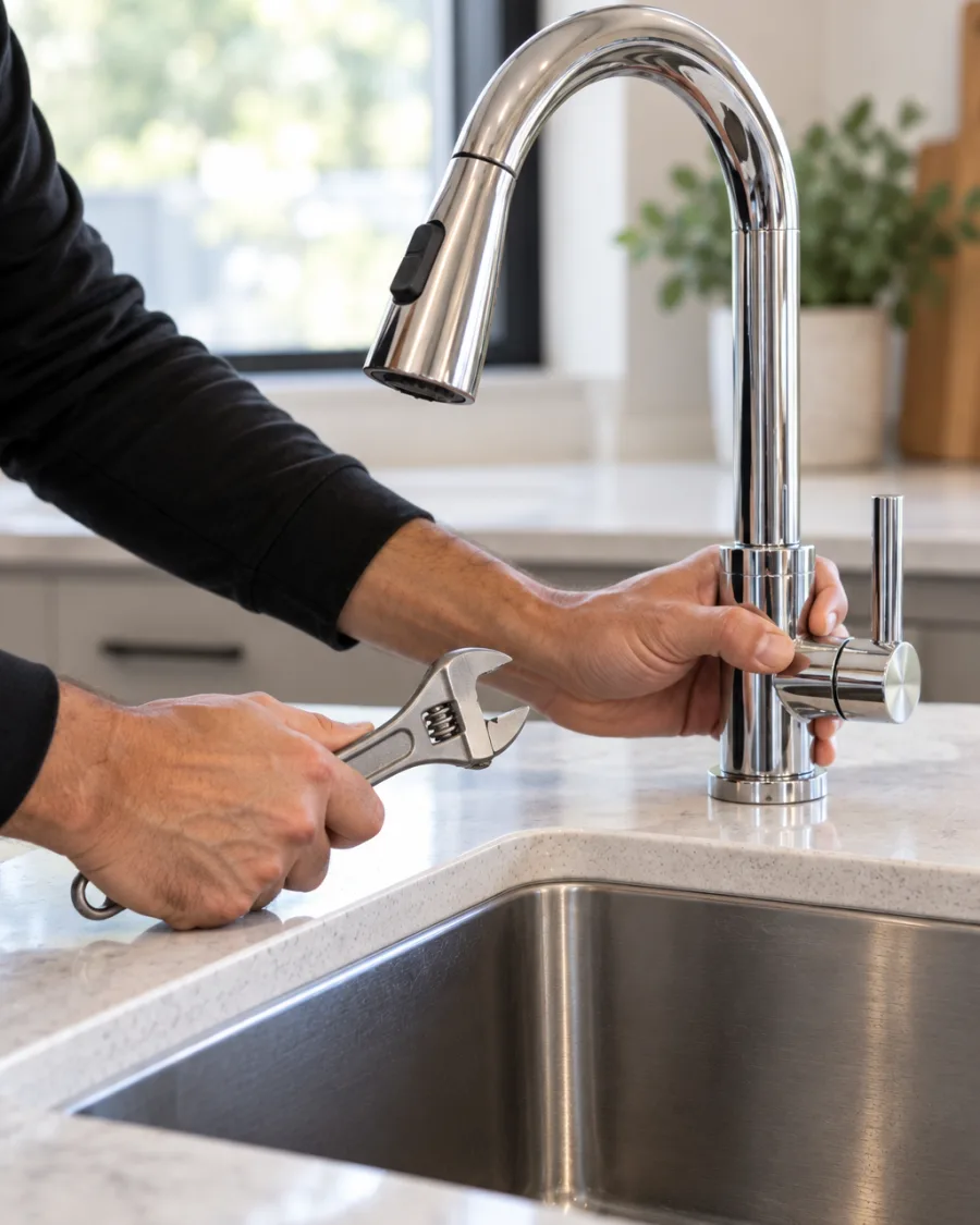 A plumber's hands with an adjustable wrench at the base of a kitchen faucet