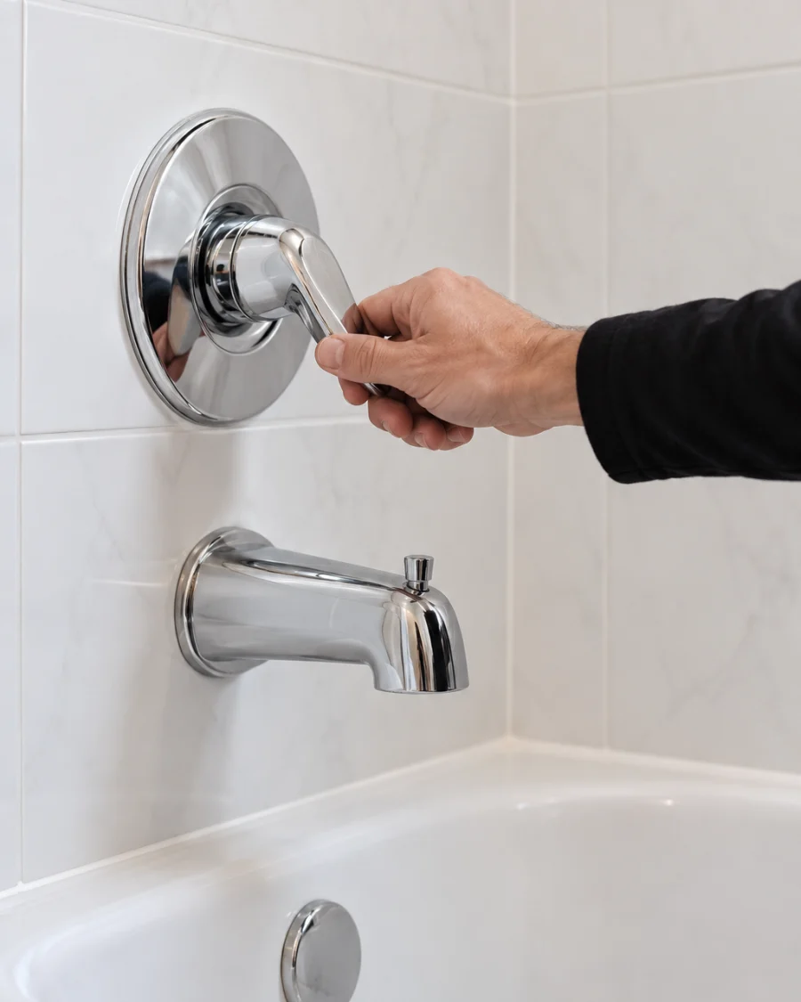 A plumber's hand at the handle of a chrome bathtub faucet
