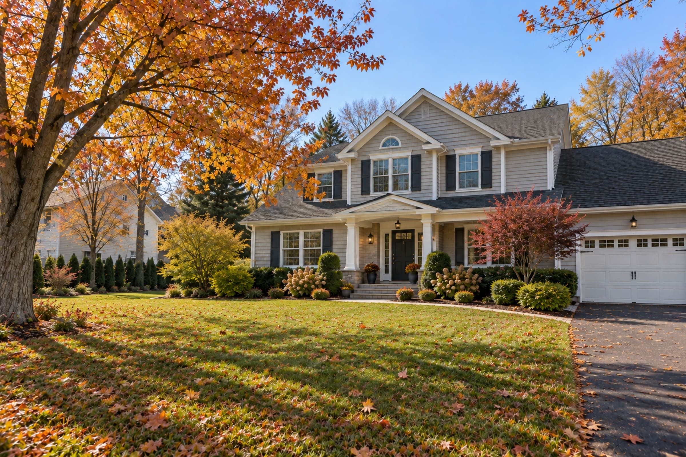 A two-story Long Island home in fall, maples in full colour and leaves on the lawn