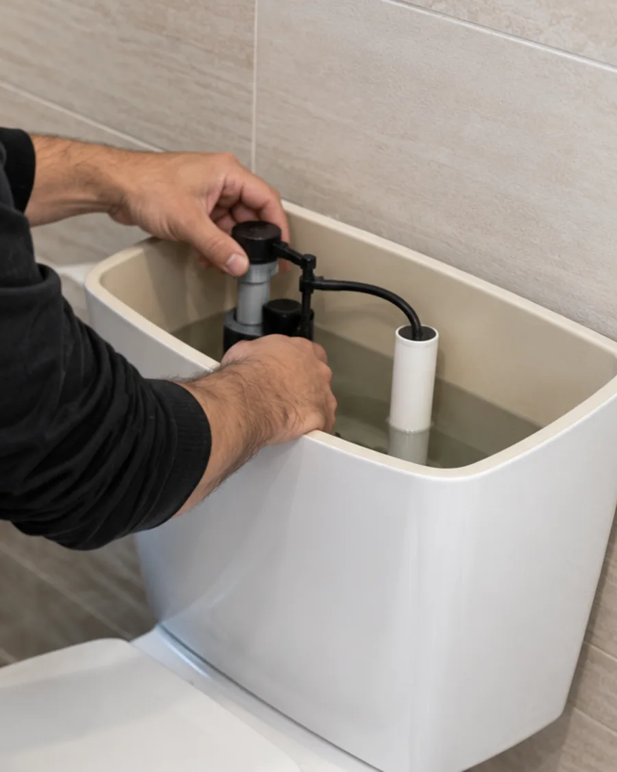 A plumber's hands adjusting the fill valve inside an open toilet tank