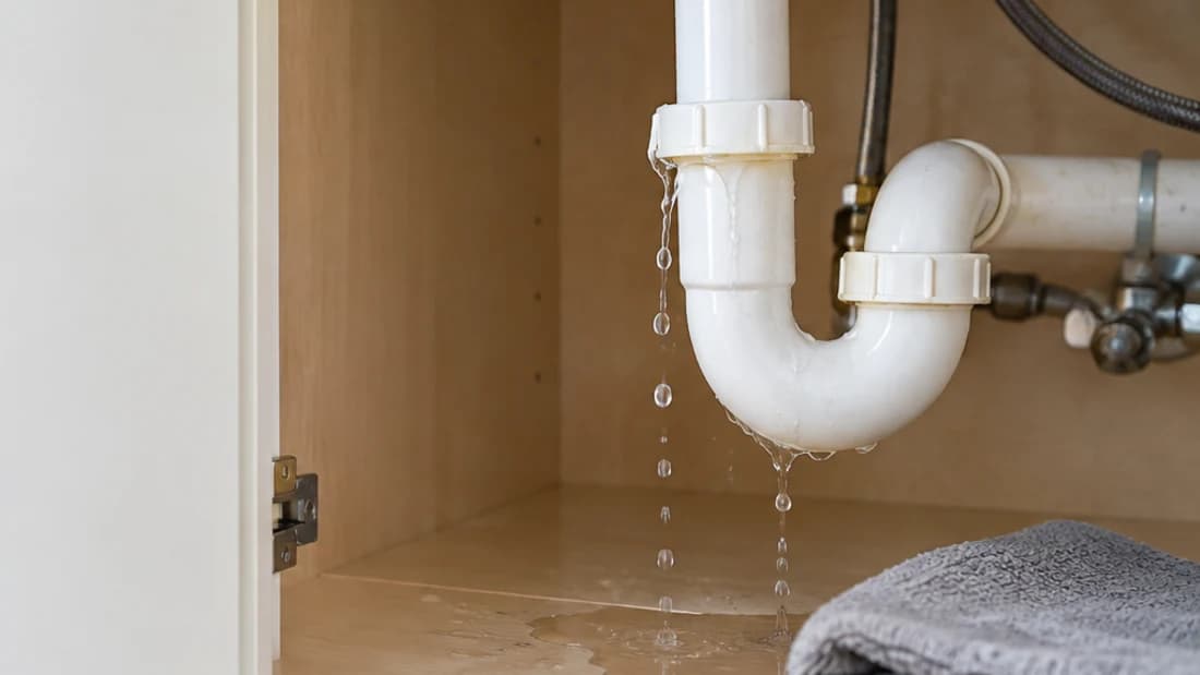 Water dripping from a leaking drain pipe under a kitchen sink