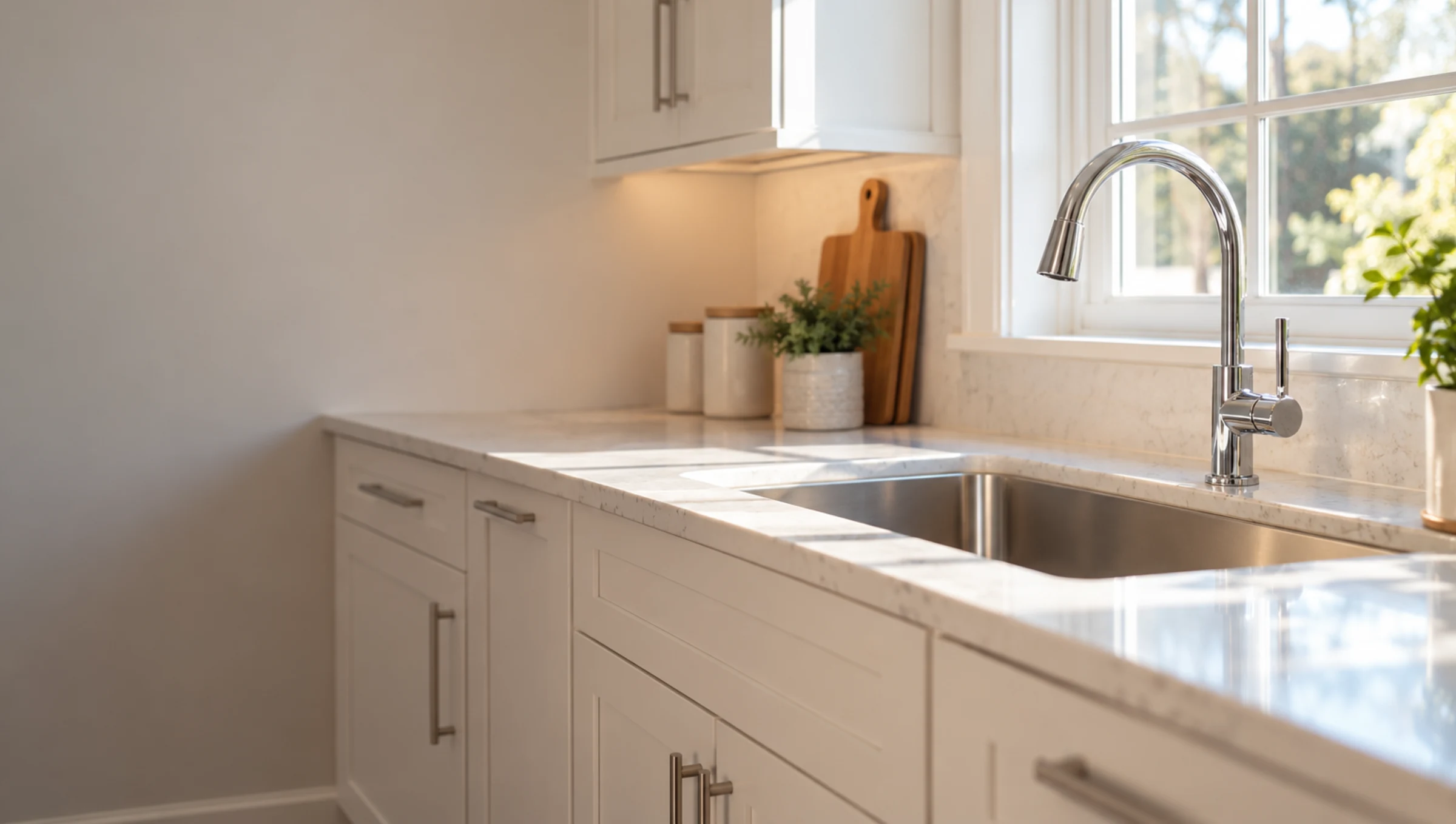 A bright kitchen with a chrome faucet over the sink under a sunny window