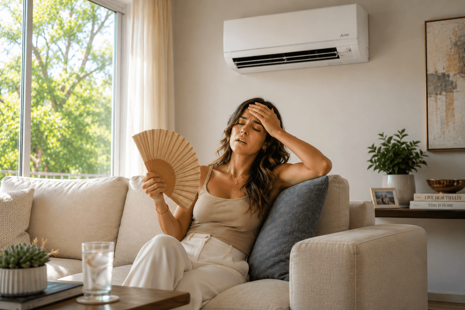 A woman at home looking uncomfortable and overheated from a broken AC